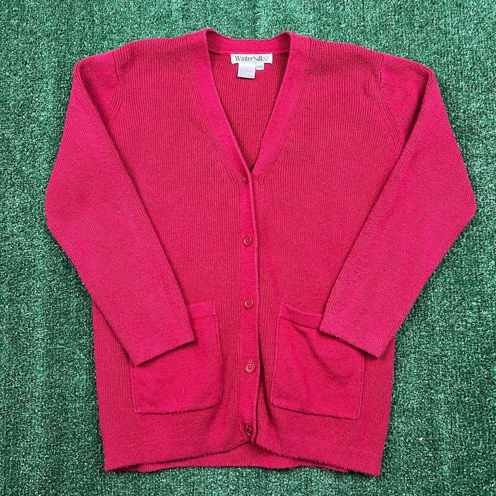 WinterSilks Cardigan Sweater Women's Fuchsia Red PXS Silk‎ Cotton Blend V-Neck